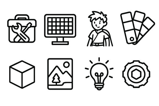 Game Design Icons. Creative Game Engagement linear set: mod toolkit, map editor grid, character sketch, color palette, build block, scenario card, idea spark, prototype token.