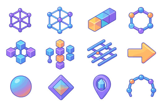 Colorful Crystal Icons. Crystalline Structure Systems flat isometric set: lattice tile, node array, unit cell bar, hexagonal ring, face-centered patch, body-centered stripe, atomic