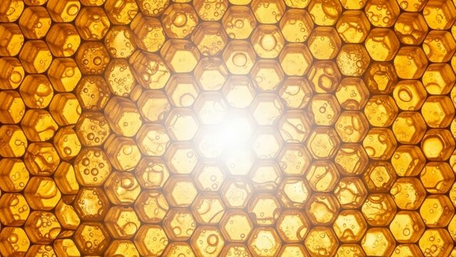 Close-up of a golden honeycomb with a bright light in the center. - Powered by Adobe