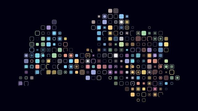 Latvia animated country shape. Pulsating colored dots on the map of the country. Large size rounded square blocks. Digital style Latvia map on dark background. Classy animation video.