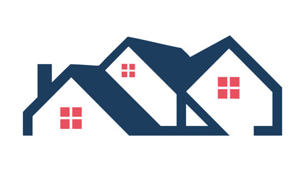 Minimalist geometric logo design featuring three overlapping houses representing real estate
