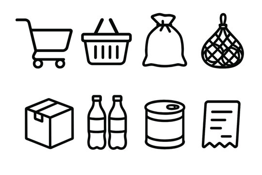 Retail Carry Icons. Retail Carry Items linear set: push cart, shopping basket, bulk bag, produce net, carton box, drink bottles, dry goods can, checkout note.