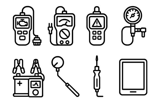 Car Diagnostic Tools. Car troubleshooting gear linear set: engine scanner, voltmeter, error code reader, tire pressure gauge, battery checker, inspection mirror, test lamp, tablet