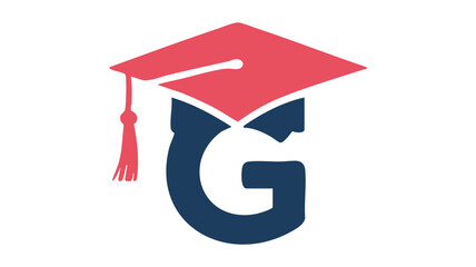 A stylized dark blue capital letter g wearing a red graduation cap with a matching tassel