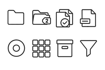 Organized File Management Icons. Clean File Practices linear set: tidy folder, version tag, duplicate check icon, naming label, clear cache dot, organized grid, archive box, file