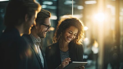Happy diverse business team collaborating on a digital tablet in a modern office - Powered by Adobe