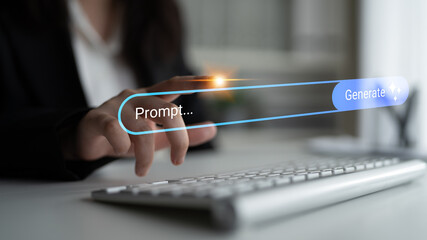 Close-up view of a hand poised to interact with a keyboard, featuring a prompt and generate button, symbolizing creativity and technology in a modern workspace. Gantry