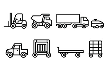 Industrial Vehicle Icons. Industrial mobility elements linear set: lift truck, heavy hauler, cargo trailer, guided rail cart, automated mover, utility vehicle, container shuttle,