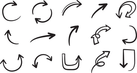 Collection of hand drawn arrow and circular rotation symbols on a white background