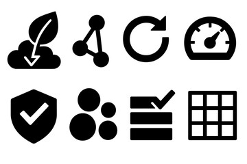 Sustainability Icons Set. Sustainability Impact Framework silhouette set: carbon impact leaf, community equity node, lifecycle analysis loop, resilience gauge, ethical review badge