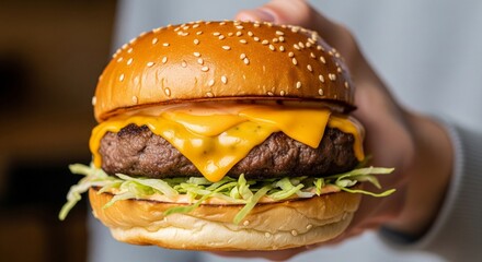 Hand holding a delicious cheeseburger with melted cheese, lettuce, and special sauce
