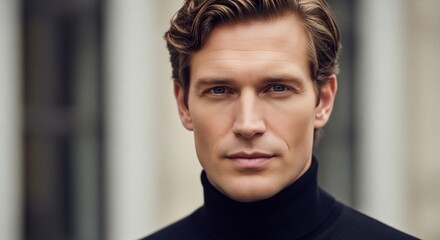 Close up headshot of a handsome stylish man with blue eyes and brown wavy hair