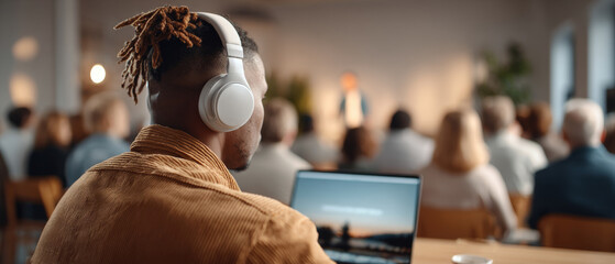 Young man with headphones using laptop in audience during seminar or conference in modern meeting room