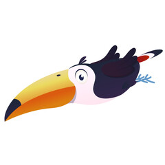 Illustration of a toucan bird flying with its wings spread. Cartoon style. A friendly bird with a cute appearance.