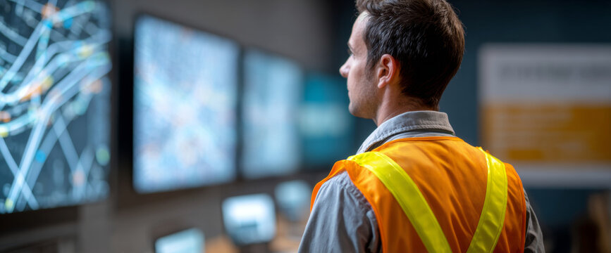 Man in safety vest monitoring multiple digital screens in a control room environment focused on data and network analysis - Powered by Adobe
