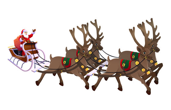 Illustration of Santa in a sleigh pulled by four reindeer isolated on a white background. Santa waves at us with a smile on his face.
