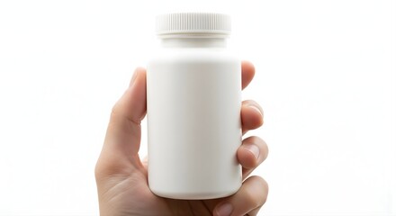 A hand holds a white medicine bottle against a clean white background showing its simplicity