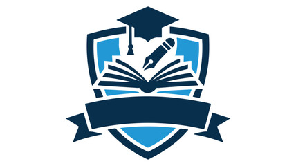 Educational emblem of knowledge and learning featuring a book, pen, and graduation cap