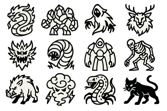 Mystical Monster Icons. Arcane Monster Elements linear set: flame wyrm, crystal golem, phantom shade, woodland beast, frost fiend, dune worm, arcane sentinel, bone walker, cursed