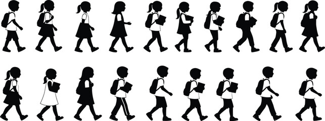 Children walking to school vector silhouette set, with backpacks and books, students group going education, back to school concept, for graphic design, on white. (24 words)