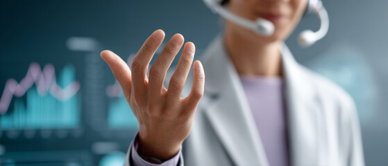 Close-up of a businesswoman wearing a headset with hand raised in front of digital financial charts and graphs on screen