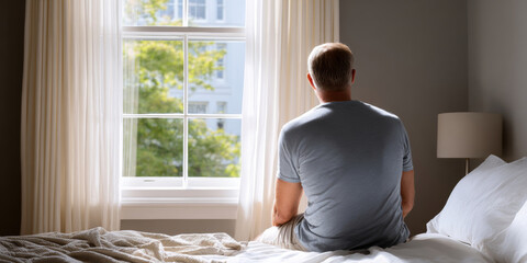 Middle-aged man sitting on bed facing window in softly lit bedroom with neutral tones and natural light
