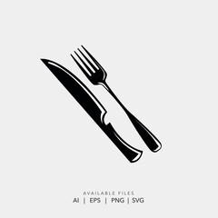 Minimalist crossed knife and fork restaurant logo icon,Black and white cutlery silhouette  