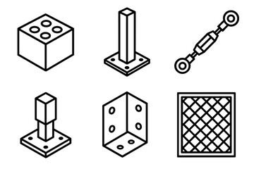 Structural Components Icons. Weight-Supporting Parts linear set: foundation block, sturdy post, tension rod, beam bracket, footing base, lattice panel.