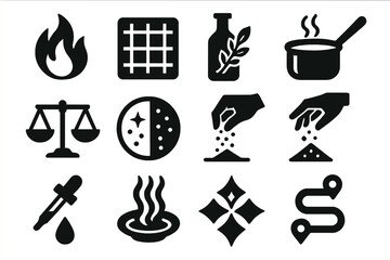 Flavor Icons Vector. Advanced Flavor Building silhouette set: caramelization flame, Maillard browning grid, infused oil bottle, reduction pot, balanced flavor scale, contrasting