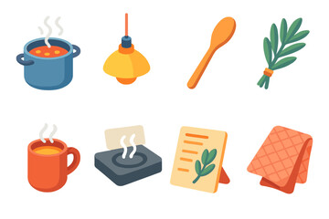 Cozy Cooking Icons. Home Cooking Atmosphere Set isometric flat set: simmering pot, warm kitchen lamp, wooden spoon, herb bundle, cozy mug, stovetop steam, recipe card, kitchen