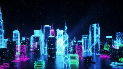 Blue/gold particles morph into a high-tech, cyber-futuristic metropolis at night, bathed in vibrant neon lights and digital overlays. Future technology concept - Powered by Adobe