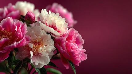 Pink and White Peonies Flat Lay on Solid Background with Copy Space for Text