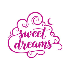 Obraz premium Pink sweet dreams calligraphy with swirls and crescent moon magenta