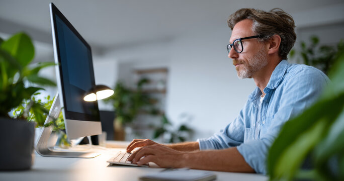 Focused middle-aged man wearing glasses working on desktop computer in modern home surrounded by green plants and natural light - Powered by Adobe