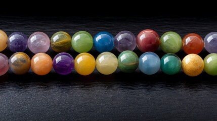 Row of Colorful Round Gemstone Beads Displayed on Black Surface Jewelry Making Supplies