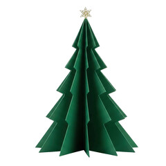 Fototapeta premium Green paper Christmas tree with golden star on top, cut out, stock png, isolated on transparent background
