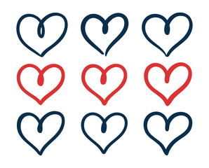 Hand-drawn hearts collection featuring red and blue doodles on a white background