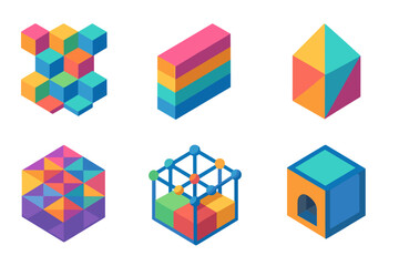 Colorful Geometric Icons. Geometric material frameworks flat isometric set: tessellation tile, layered composite bar, lattice mesh node, structural prism, patterned surface plate,