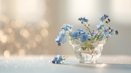 Obraz premium Delicate blue forget-me-not flowers in a crystal vase glisten with morning dewdrops. The soft bokeh background highlights their fresh and elegant charm.