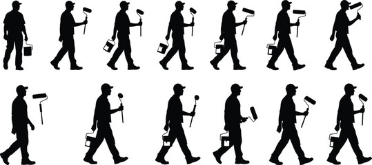 Silhouettes of person walking with paint roller and bucket in twelve-step motion sequence, illustrating dynamic movement and labor