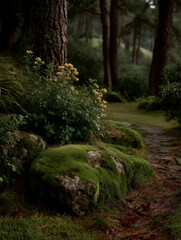 Tranquil Forest Floor with Mossy Stones and Yellow Wildflowers After Rain