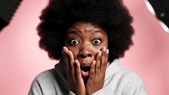 Shocked Black Woman With Afro Hair Expressing Surprise and Astonishment.