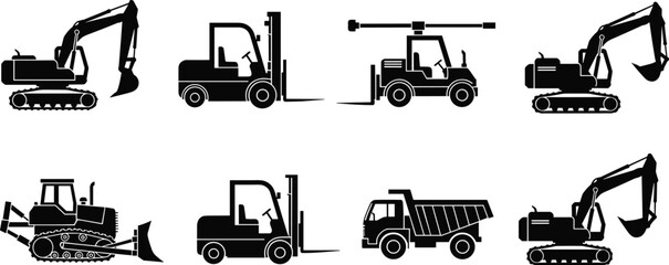 Silhouettes of eight construction and industrial vehicles including excavators, forklifts, bulldozer, crane, and dump truck © Asik