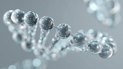 Transparent glass-textured DNA helix structure composed of glossy spheres, representing molecular biology, genetics, scientific research, biotechnology and genetic engineering
