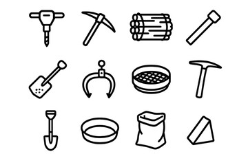 Obraz premium Geological Tools Icons. Rock & Soil Handling Tools linear set: rock drill, pickaxe, blasting mat, core sample tube, scree shovel, boulder clamp, soil sieve, geology hammer, trench