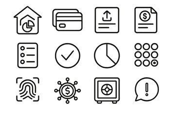 E-Wallet Icon Set. E-Wallet Interface Elements linear set: home dashboard, card carousel, transfer form, bill pay icon, activity log, verification checkmark, budgeting pie chart,