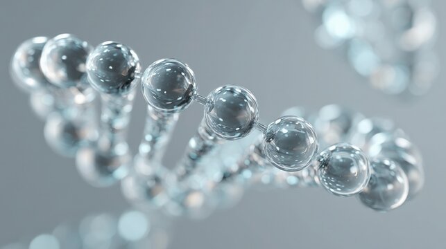 Transparent glass-textured DNA helix structure composed of glossy spheres, representing molecular biology, genetics, scientific research, biotechnology and genetic engineering - Powered by Adobe
