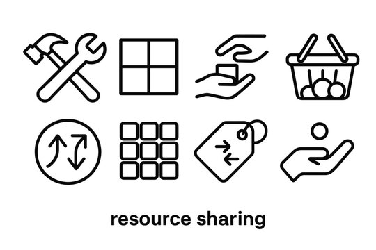 Resource Sharing Icons. Resource Sharing linear set: shared tools icon, divided box, passing hand, community basket, supply arrows, shared grid, exchange tag, contribution dot.