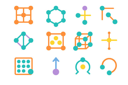 Vibrant Crystal Lattice Structures. Crystal Lattice Structures flat set: cubic lattice tile, hexagonal node, tetragonal bar, orthorhombic ring, face-centered patch, body-centered