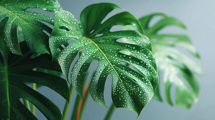 Monstera plant leaves covered with tiny water droplets, vibrant green foliage with distinctive split patterns, fresh natural aesthetic against soft gray background, fit for nature, home decor